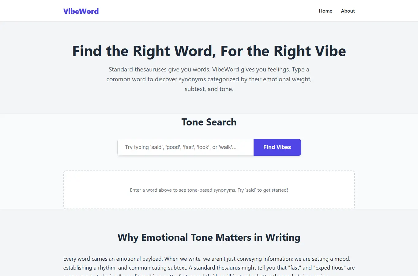Screenshot of VibeWord: Tone-Based Thesaurus interface showing the project page in use
